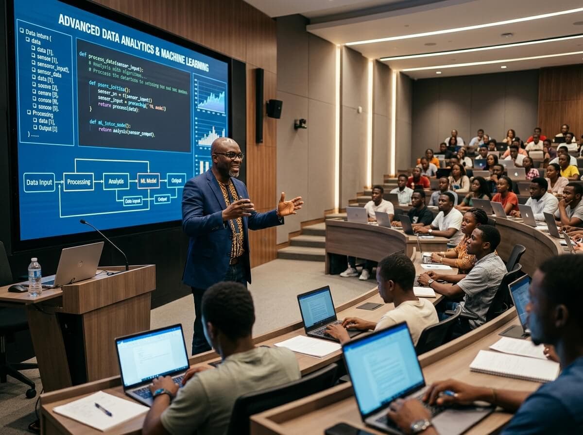 Modern African university lecture theatre with professor teaching students
