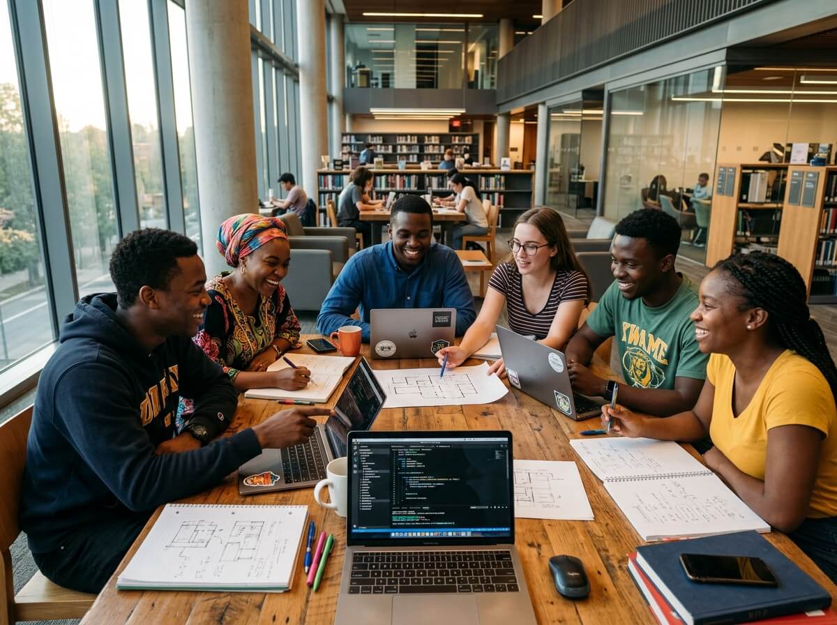 Nigerian polytechnic students working together in modern library